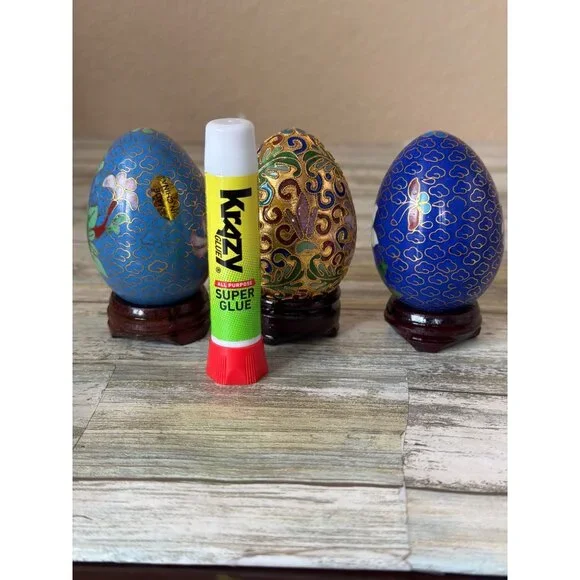 Set of 3 Asian Cloisonné Enamel Floral Eggs w/Wooden Stands Vintage Pre-owned - Picture 10 of 12